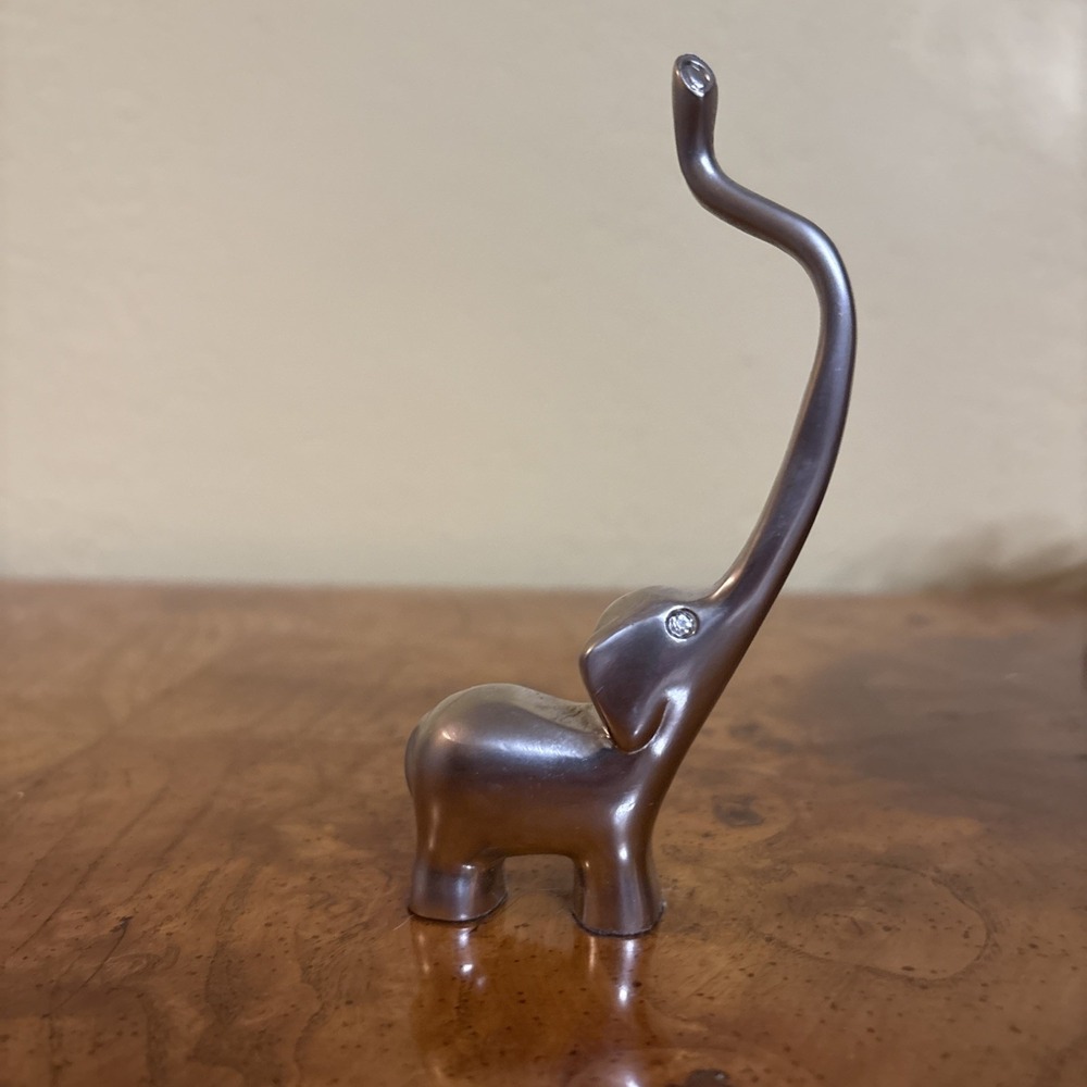 Vintage Ring Holder Elephant Long Trunk Gold Tone w/ Rhinestone Eyes